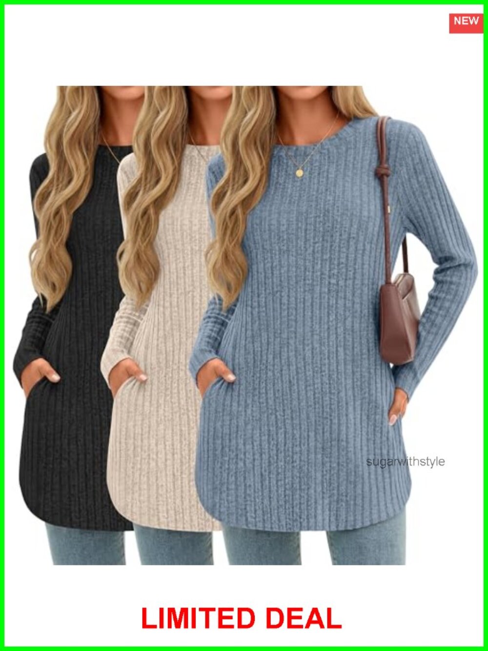 3 Pack Women's Long Sleeve Ribbed Tunics Curved Hem Sweaters